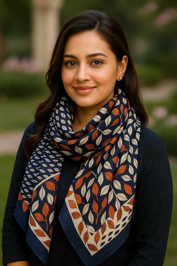 Viscose printed Autumn leaves in blue  stole Wax Colors