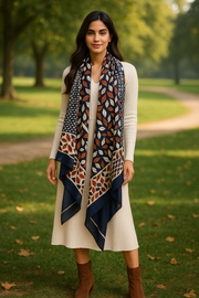 Viscose printed Autumn leaves in blue  stole Wax Colors